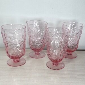 Seneca Driftwood Water Glasses Rose Pink Crinkle Bark Footed Retro FOUR Vintage
